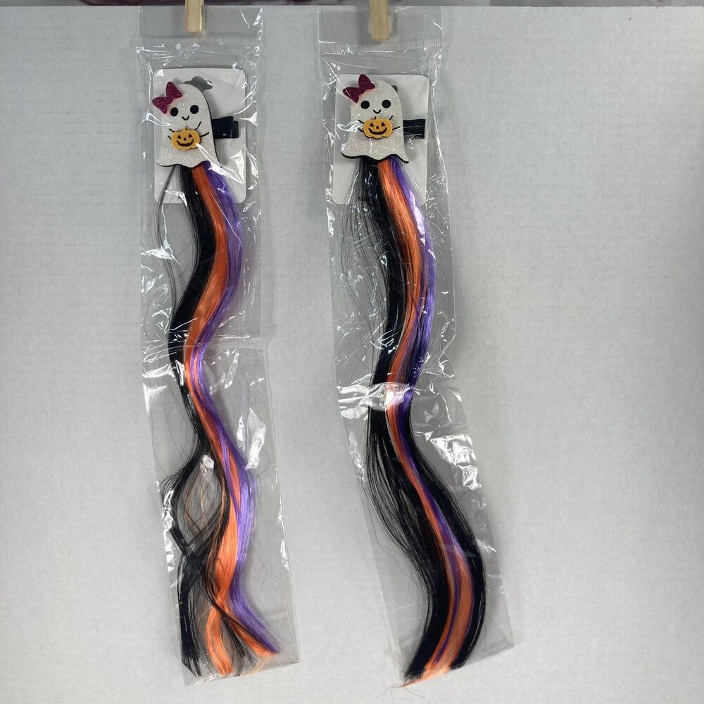 Halloween Hair Barrette Bang Clip Ghost Faux Hair Black Orange Purple Stripe Bow